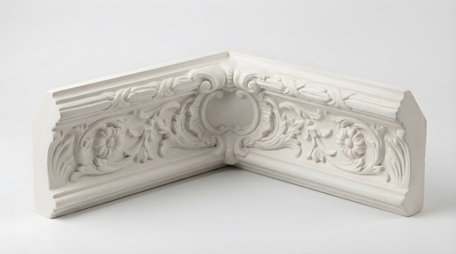 Ornate white plaster crown molding corner, decorative architectural ceiling cornice, vintage baroque interior trim detail