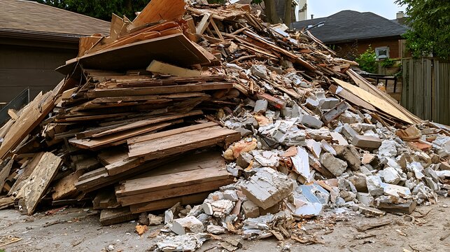 Large pile of construction debris and demolition waste in a residential yard