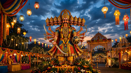 Fototapeta premium Large Ravana effigy standing at Dussehra festival ground.