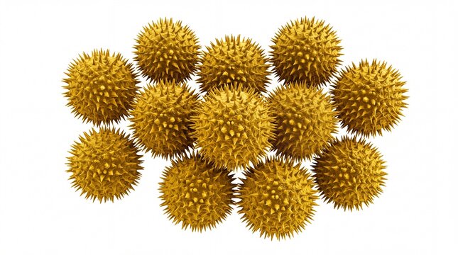 Golden pollen grains showing detailed spike textures arranged in a cluster isolated on white background