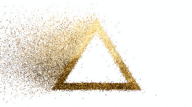 A golden triangle frame disintegrates into sparkling dust particles isolated on white background. This luxury graphic element works well for elegant holiday design projects.