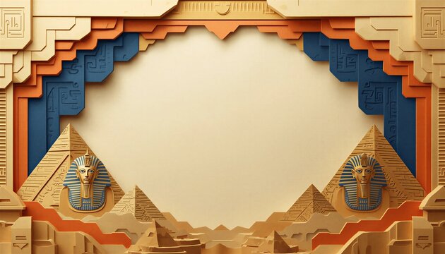 3D paper cut out ancient egyptian pyramid frame background with sphinx pharaoh motifs and central copy space