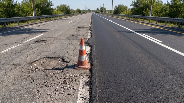 Comparison of damaged old asphalt road with large potholes and newly paved highway