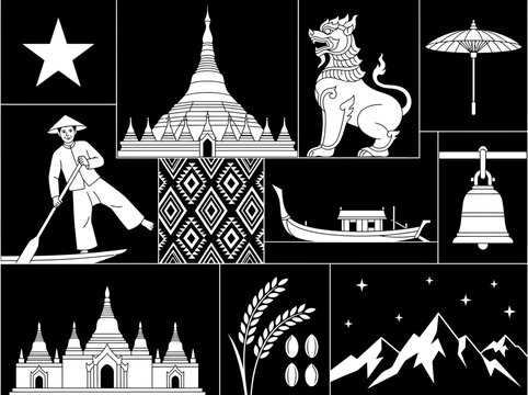 Myanmar Cultural Heritage and Landmarks Minimalist Icon Collage