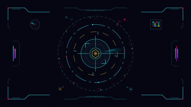 Futuristic digital user interface display screen with radar target and sci-fi elements
