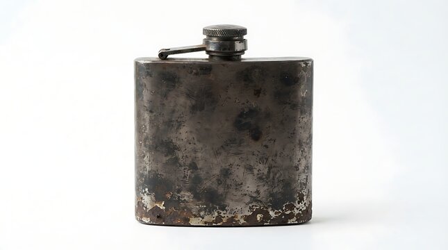 Vintage metal flask showing rustic weathered texture surface.