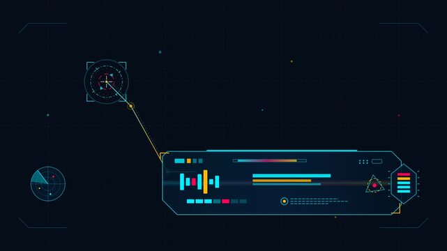 Futuristic digital interface with sci-fi HUD elements and data visualization charts