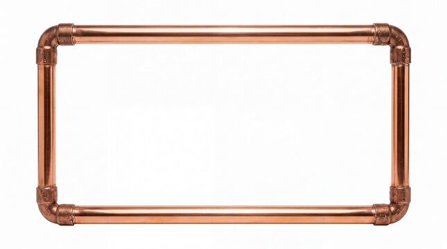 Rectangular frame constructed from polished copper plumbing pipes and fittings isolated perfectly on white background