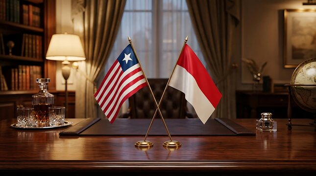 Diplomatic Partnership: Liberia and Indonesia Crossed Desk Flags in a Classic Luxury Office Setting