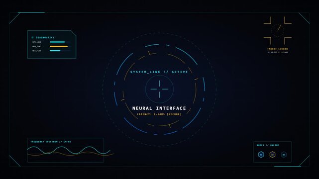 Futuristic neural interface HUD display with abstract holographic elements and data graphs for sci-fi tech design
