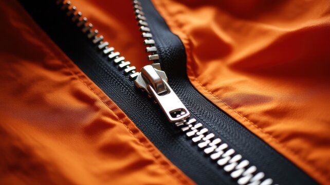 Macro of silver zipper on orange jacket fabric