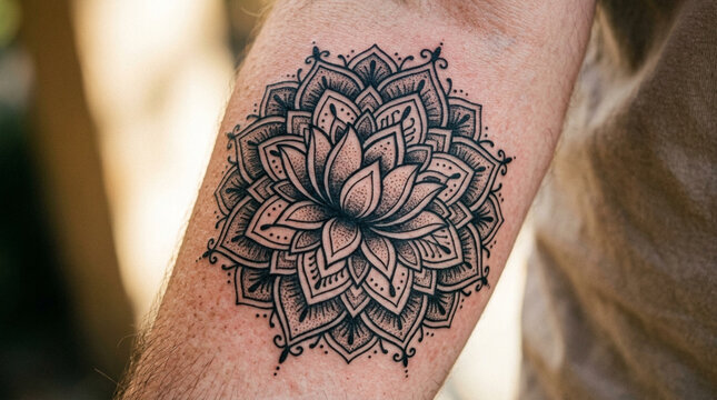 Intricate Mandala Tattoo on Arm - Lotus Flower Design