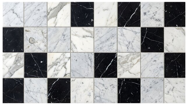 Checkerboard marble tile pattern, black and white stone mosaic texture, luxury checkered floor surface for interior design