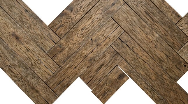 Rustic herringbone wood flooring, dark oak timber planks on white background, vintage parquet texture for interior design