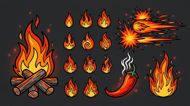 Doodle fire flame collection with burning logs and hot chili.