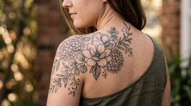 Woman's Shoulder With Intricate Floral Tattoo