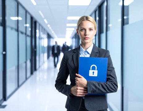 Business professional holding blue folder with security lock symbol in modern office corridor
