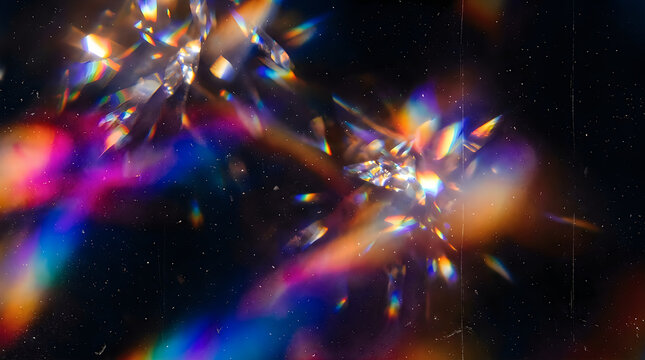 Abstract background featuring vibrant rainbow light refractions through crystal prisms creating a magical sparkling effect with colorful flares on a deep dark black backdrop