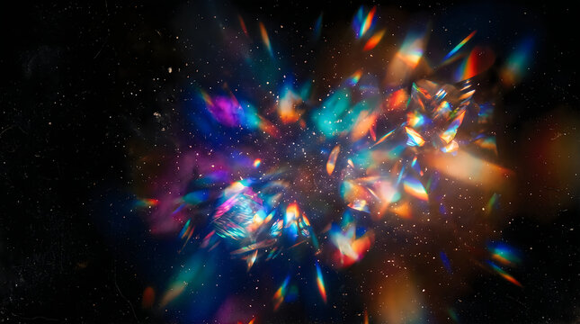 Abstract background featuring vibrant colorful light leaks and prismatic lens flares creating a dynamic explosion of glowing particles against a deep black backdrop