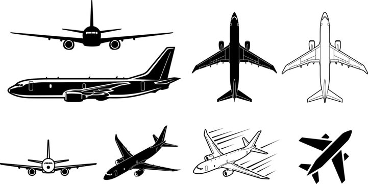 Maritime Patrol Anti-Submarine Reconnaissance Jet Aircraft Technical Blueprint Line Art Silhouette Vector Set