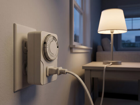 Mechanical Outlet Timer Controlling Table Lamp in Home Interior at Night