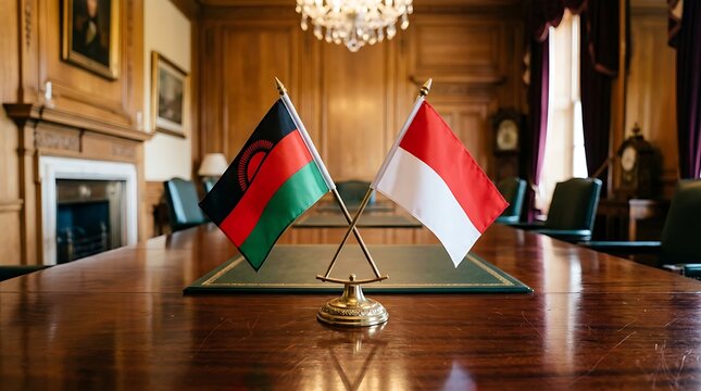 Malawi and Indonesia Small Desk Flags Crossed on Wooden Table for International Diplomatic Meeting