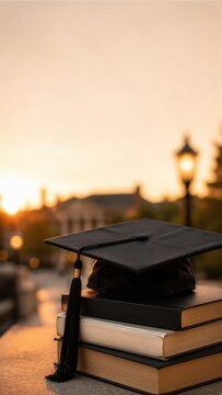 Graduation cap on books at sunset outdoors