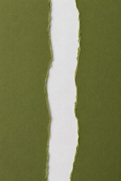 Torn olive green papers forming a white wavy gap between them