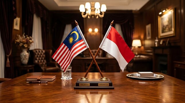 Malaysia and Indonesia Miniature Flags Crossed on a Luxurious Office Desk for Diplomatic Relations
