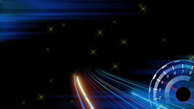 Speedometer dial shines alongside vibrant blue and orange light trails representing high-speed motion on a black background.