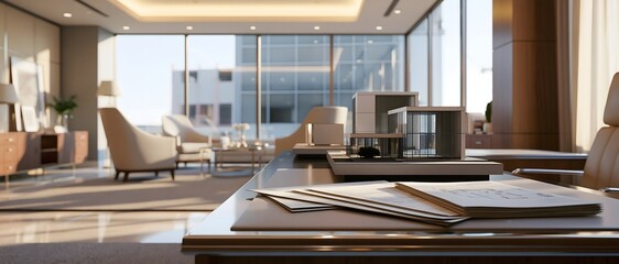 Fototapeta premium Luxury real estate office with sophisticated interior, elegant furniture, large glass windows, miniature modern house models and property documents on a polished desk, premium property investment