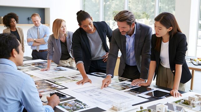 Real estate office team collaborating around a large desk with architectural floor plans, property photographs, miniature house models and digital tablets, diverse professional agents, modern