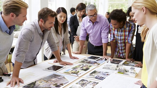 Real estate office team collaborating around a large desk with architectural floor plans, property photographs, miniature house models and digital tablets, diverse professional agents, modern