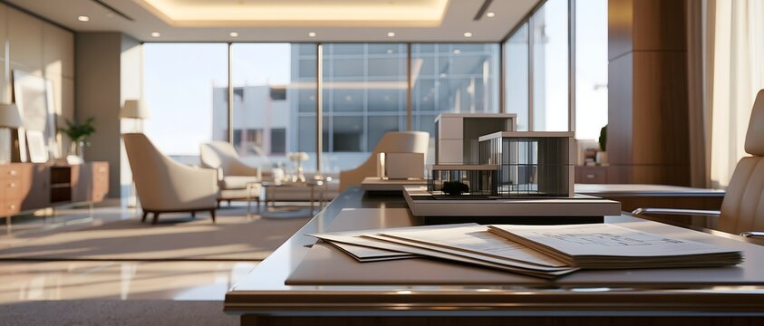 Luxury real estate office with sophisticated interior, elegant furniture, large glass windows, miniature modern house models and property documents on a polished desk, premium property investment