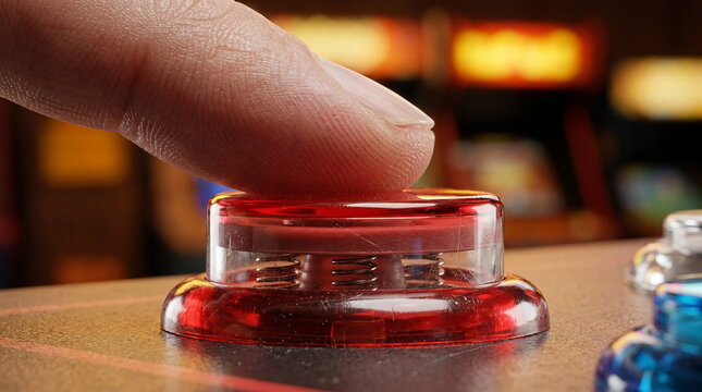Finger pressing large red arcade game button in blurry room