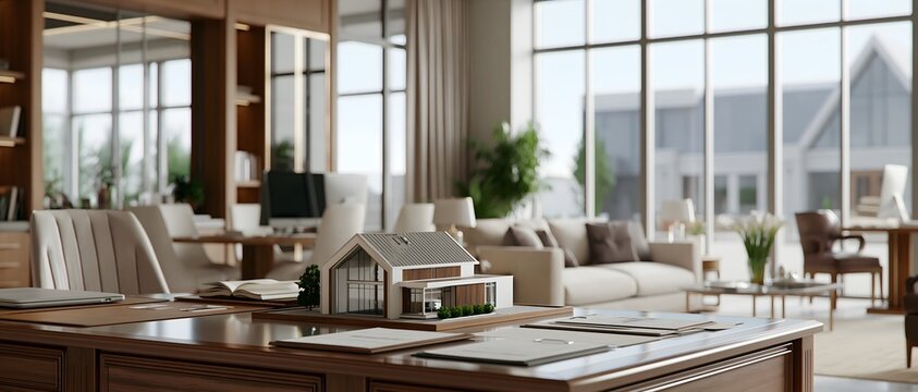 Luxury real estate office with sophisticated interior, elegant furniture, large glass windows, miniature modern house models and property documents on a polished desk, premium property investment
