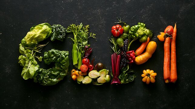 Vegetables arranged to spell the word gulp on a black background