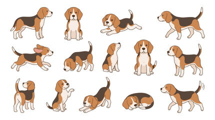Obraz premium Cute Beagle Puppy Character Set in Various Poses and Actions for Pet Care Illustrations, Children Books, Patterns, and Animal Graphic Designs