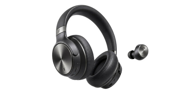 Wireless headphones and earbuds on white background