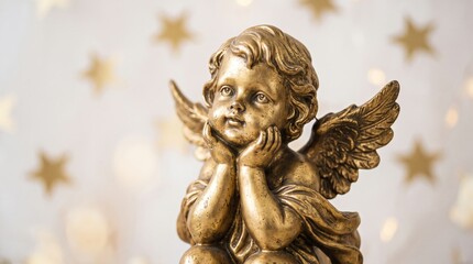 Fototapeta premium Golden cherub statue with dreamy expression and starry background