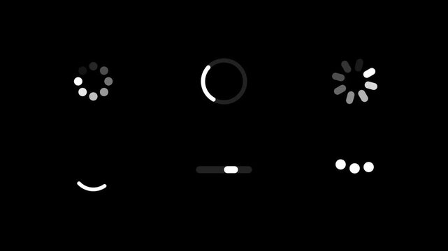 Loading animation set featuring minimalist circular progress bars and linear indicators for digital video interface motion