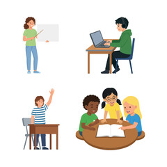 Fototapeta premium Set of vector illustrations featuring children engaged in various classroom and school learning activities