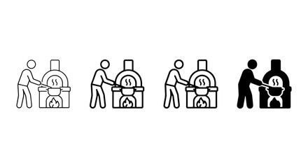 Fototapeta premium Pizza Oven Icon Set, Baker Cooking Food, Rustic Restaurant Equipment, Simple Line Art
