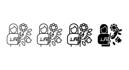 Fototapeta premium Diverse Women Holding Flowers, Vector Icons Set: Female Figures, Floral Elements, Nature Graphics