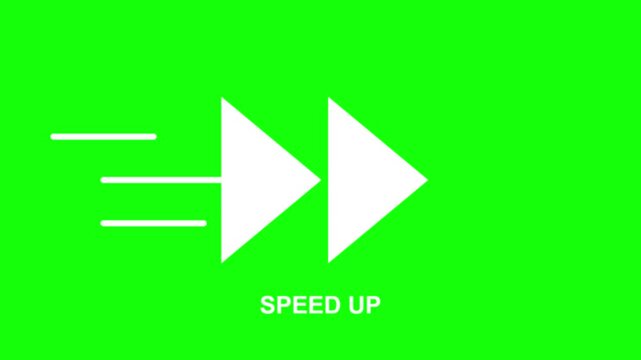 White fast forward speed up arrows pulsing on a bright vibrant green background motion footage