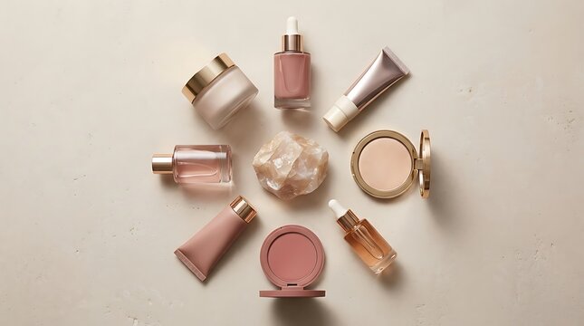 Set of various skincare and makeup products arranged in a circle with a crystal in the center. limited edition beauty bundles 