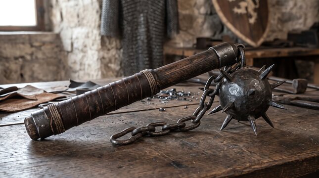 Medieval spiked mace on wooden table in ancient armory setting