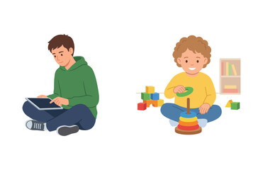 Two cartoon boys sitting on the floor, one playing with a tablet and another with building blocks