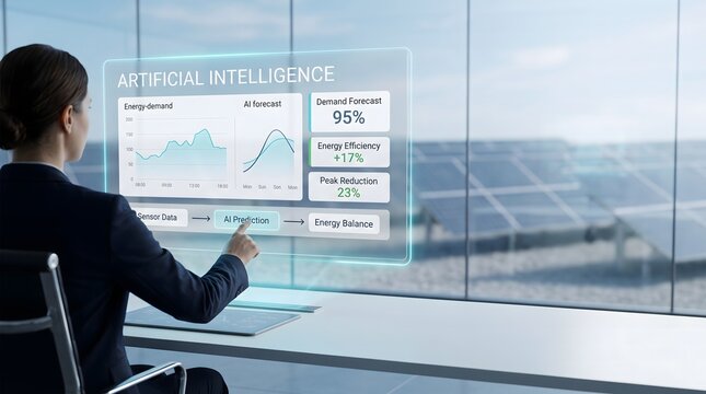 Businesswoman gazing out window at cityscape reflecting data visualization on glass