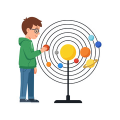 A young boy wearing glasses studying a model of the solar system with planets orbiting around the sun
